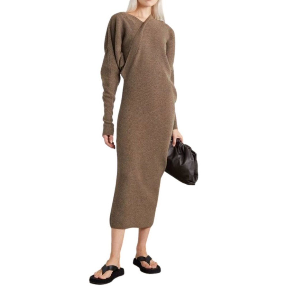 LVIR Unbalance Ribbed Knit Wool Cashmere V-Neck Midi Dress Women's Size Medium - Picture 3 of 15